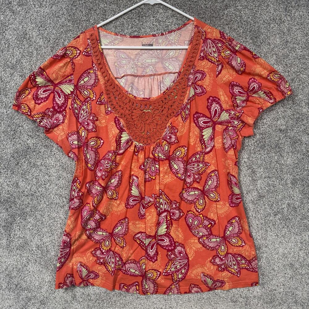 Basic Editions Tunic Top Womens 3X Orange Butterfly Crochet Boho Cottagecore